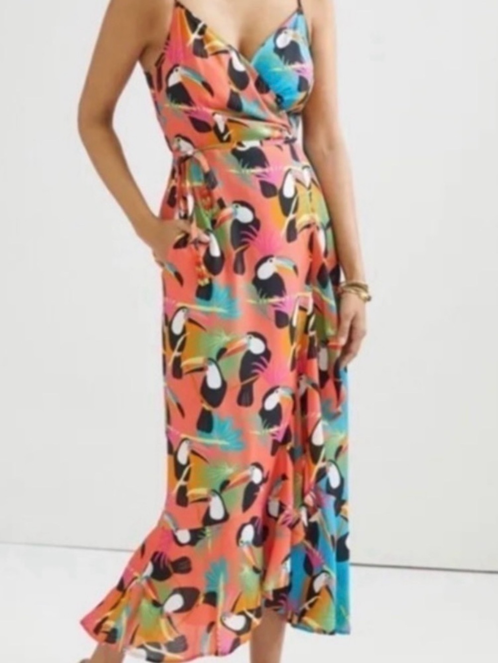 FARM Rio Coral Wrap Midi Dress with Toucan Print and Multicolor Accents